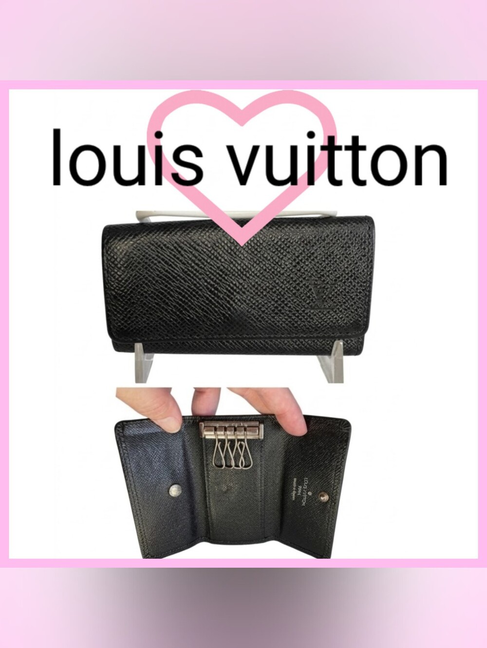 Louis Vuitton Black Leather Key Case 4 Key Hooks Snap Closure Made in Spain